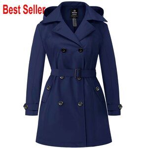 Plus Size Trench Coat Waterproof Double-Breasted Detachable Hood Elegant